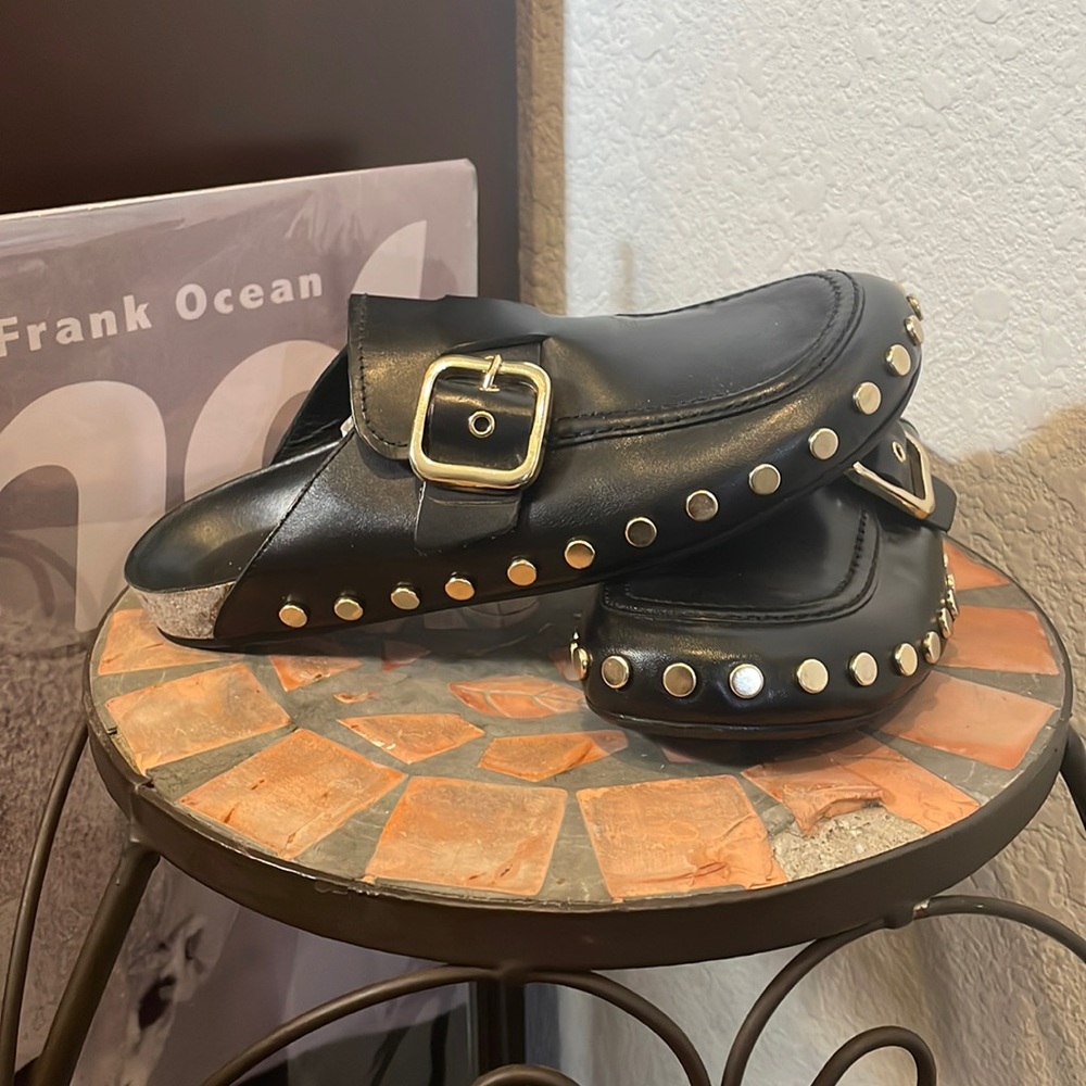 100 Leather Zara Black Studded Gold Buckle Clogs Gem